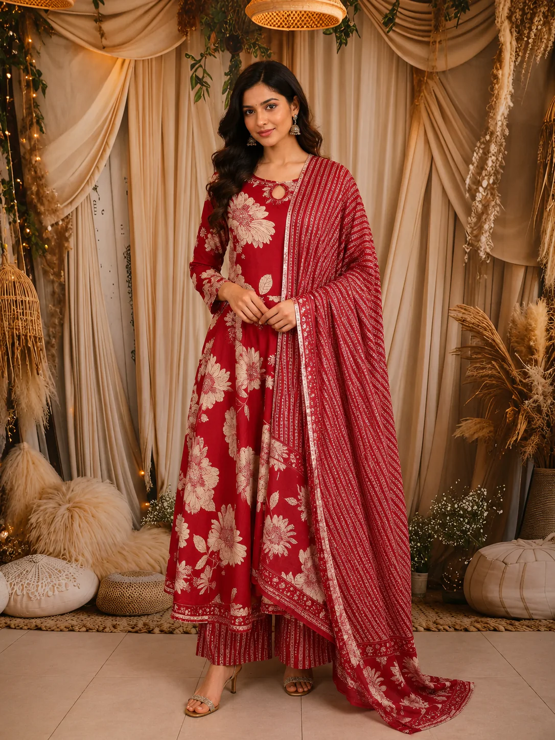 Queen Pink Floral Printed Design Cotton Anarkali Salwar Suit with Dupatta